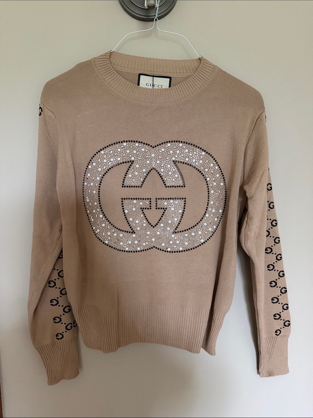 Gucci Beige Crystal Logo Crewneck Sweater